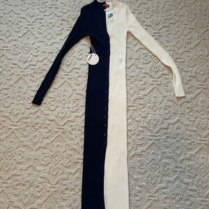 STAUD Shoko Black and Cream Long Sleeve Sweater Dress